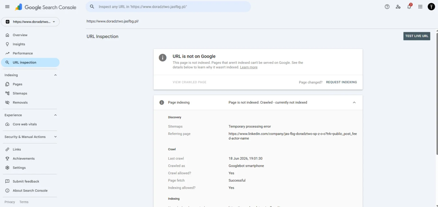 widok skanu domeny doradztwo.jasfbg.pl w google search console