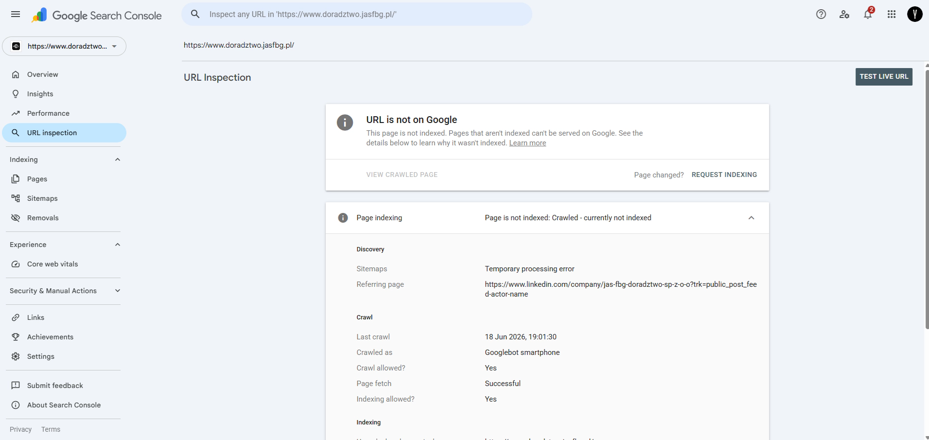 widok skanu domeny doradztwo.jasfbg.pl w google search console